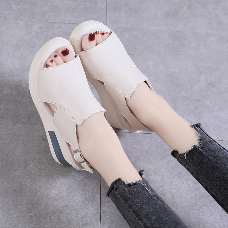 Wholesale Leather Thick Sole Slope Heel Sandals